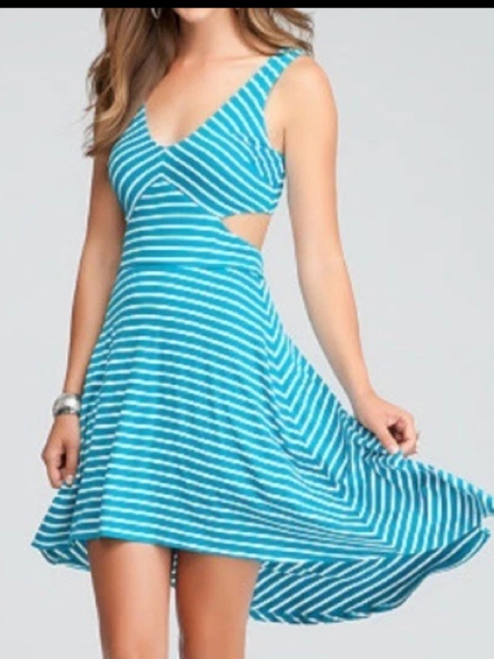 NWT bebe Blue White V Neck Side Back cutout bodycon top Ho Low dress L large